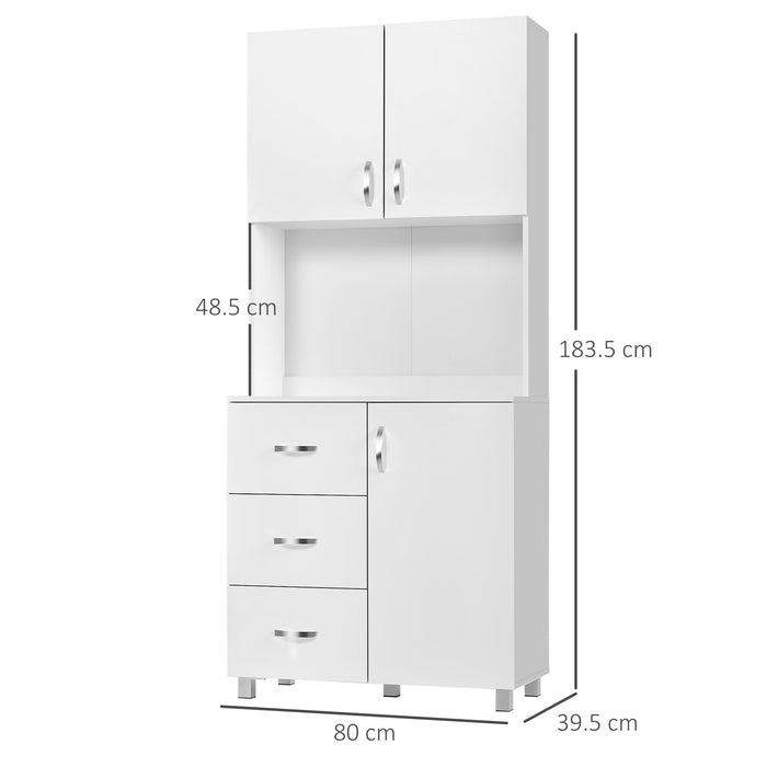 Freestanding White Kitchen Storage Cabinet - 2 Enclosed Shelves, 3 Drawers, 1 Open Compartment with Adjustable Height - Space-Saving Organizer for Home Cookware and Utensils
