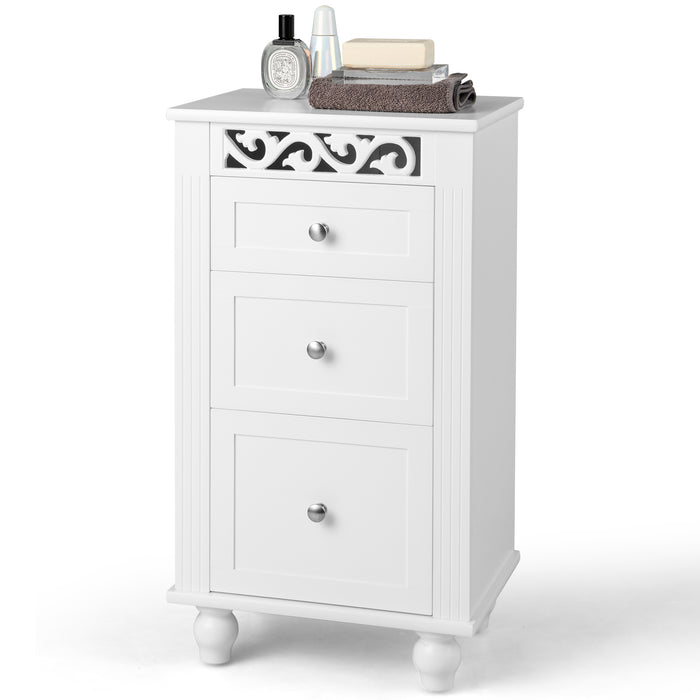 White Bathroom Floor Cabinet - Three Drawer Storage Solution for Living Room or Bedroom - Ideal for Space Maximization and Organization