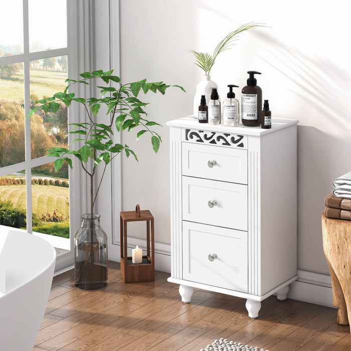 White Bathroom Floor Cabinet - Three Drawer Storage Solution for Living Room or Bedroom - Ideal for Space Maximization and Organization