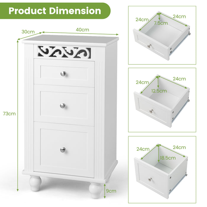 White Bathroom Floor Cabinet - Three Drawer Storage Solution for Living Room or Bedroom - Ideal for Space Maximization and Organization