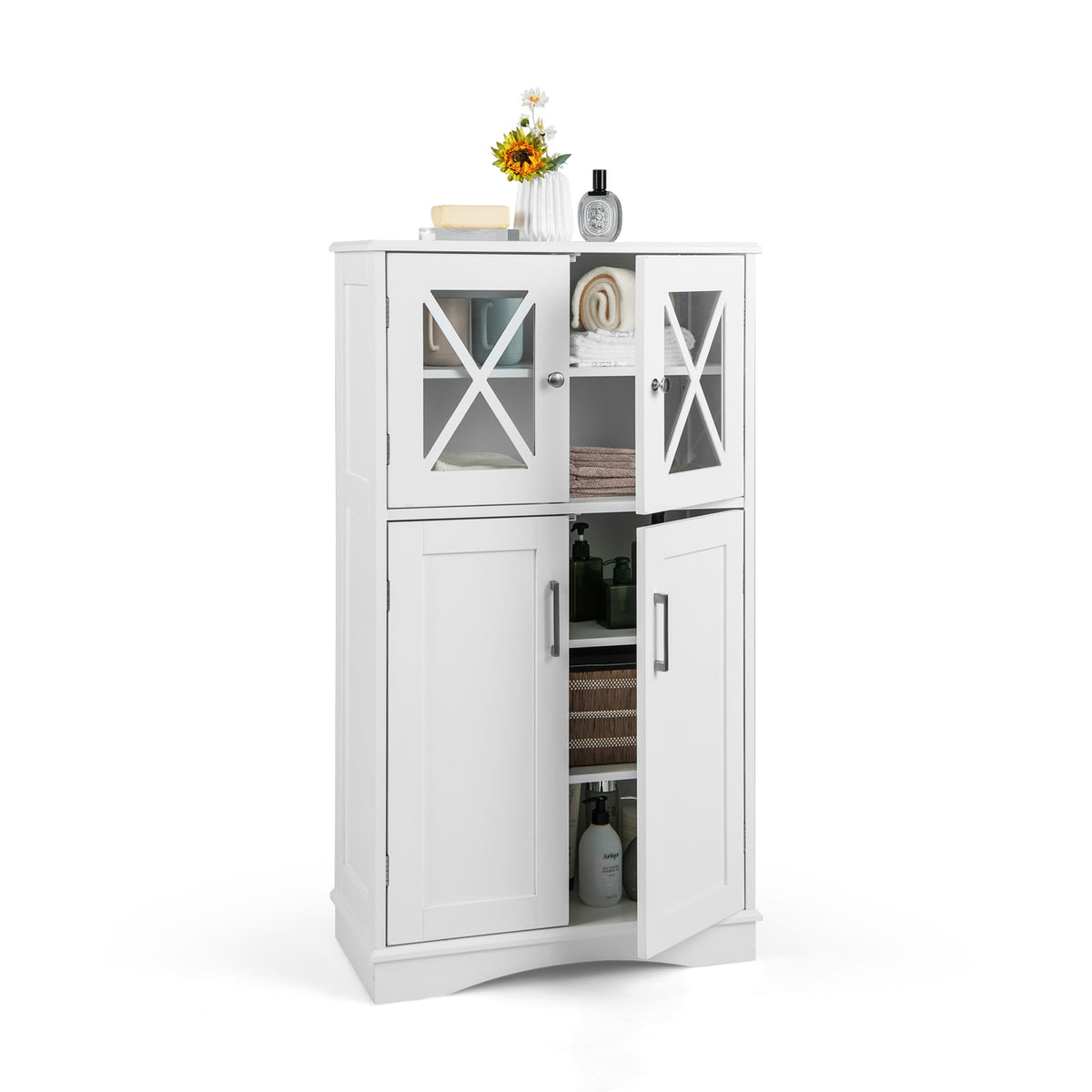 White Linen Storage Cabinet - Bathroom Organizer with Adjustable Shelves and Doors - Ideal for Space Saving and Organization