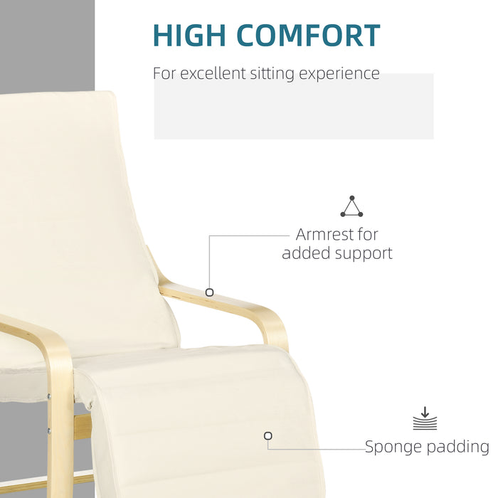 Wooden Lounging Chair with Adjustable Footrest - Cream White Relaxing Recliner with Removable Cushion - Ideal for Deck Lounging and Outdoor Comfort