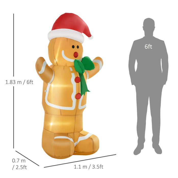 Inflatable 183cm Gingerbread Man with LED Lights - Christmas Yard Lawn Decoration - Festive Outdoor & Indoor Blow-Up Decor for Holiday Cheer