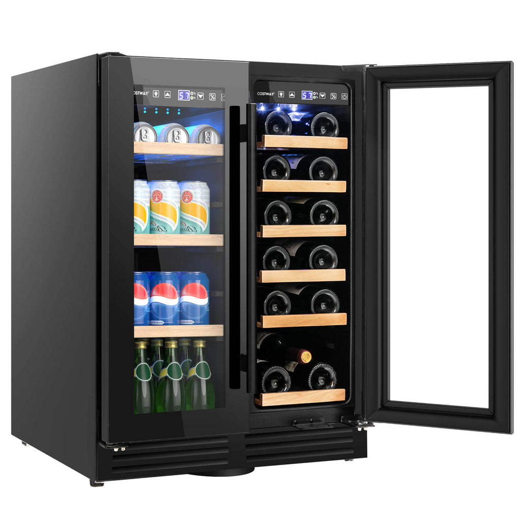 Dual Zone 2-Door Beverage Wine Fridge - Auto Defrost Function and Sleek Black Design - For Wine Enthusiasts and Beverage Aficionados