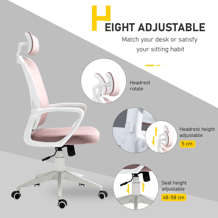 Ergonomic Velvet High-Back Chair with Rocking Feature - Home Office Computer Desk Chair with Wheels & Adjustable Headrest - Comfortable Seating for Long Working Hours, Pink