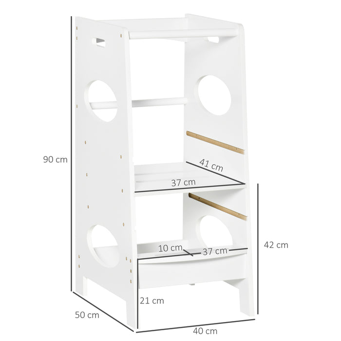 Adjustable Kids Step Stool - Toddler Kitchen Helper Tower with Standing Platform - Safe Cooking Access for Children Counter Height White