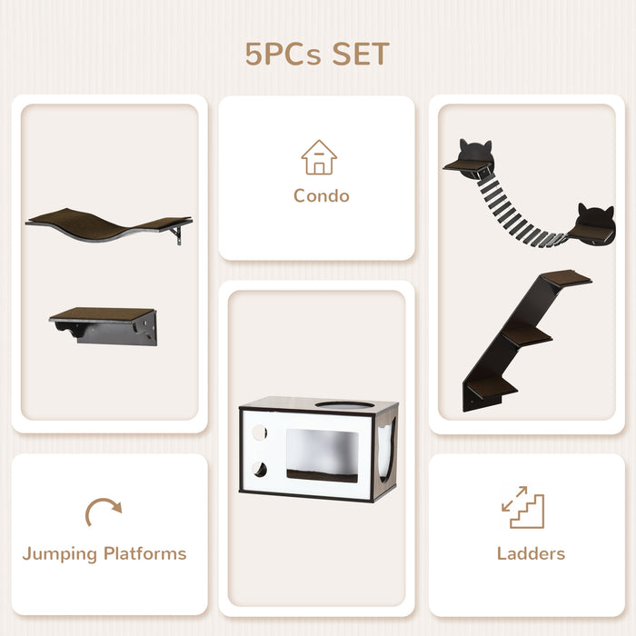 Cat Wall Shelves 5-Piece Set - Curved Platform, Condo, Bridge, Stairs & Perch - Space-Saving Wall-Mounted Cat Tree for Indoor Cats, Brown