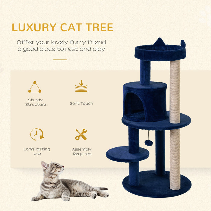 3-Tier Cat Scratching Post with Sisal Rope and Dangling Toy - Sturdy Blue Kitten Activity Tower - Ideal for Feline Scratching, Climbing, and Playing