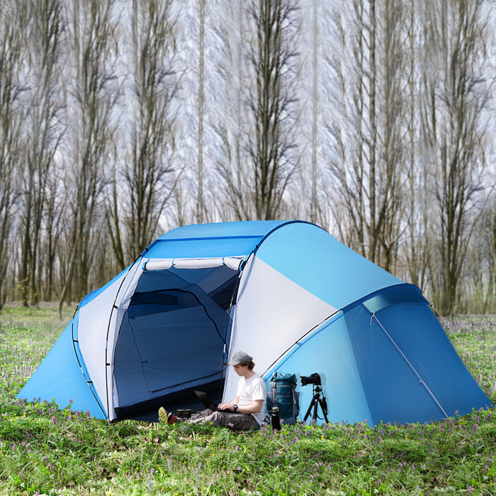 Family Tunnel Tent for 4-6 People - Two-Bedroom Camping Shelter with UV Protection, Ideal for Hiking and Outdoors - Blue/White Sunshade for Group Adventures