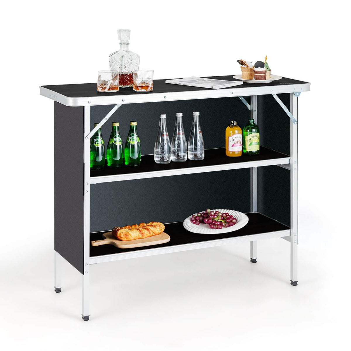 Aluminum Lightweight Design - Folding Picnic Table with 2-Tier Shelves and Carry Bag in Black - Perfect for Convenient Outdoor Dining