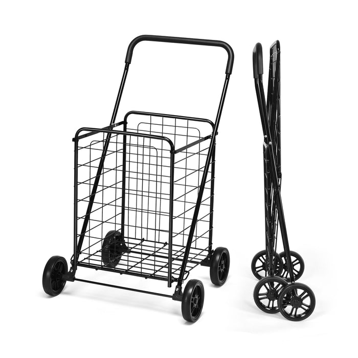 Heavy Duty Folding Shopping Cart - 83L Metal Basket, Black Finish - Ideal for Groceries and General Shopping Needs