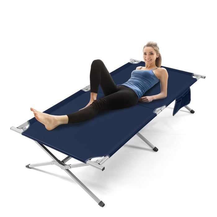 Portable Outdoor Camp Cot - Foldable Camping Bed with Travel Bag and Convenient Storage Pocket - Ideal for Campers and Outdoor Enthusiasts in Blue
