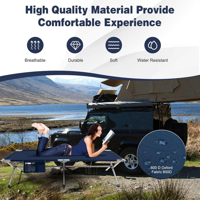 Portable Outdoor Camp Cot - Foldable Camping Bed with Travel Bag and Convenient Storage Pocket - Ideal for Campers and Outdoor Enthusiasts in Blue