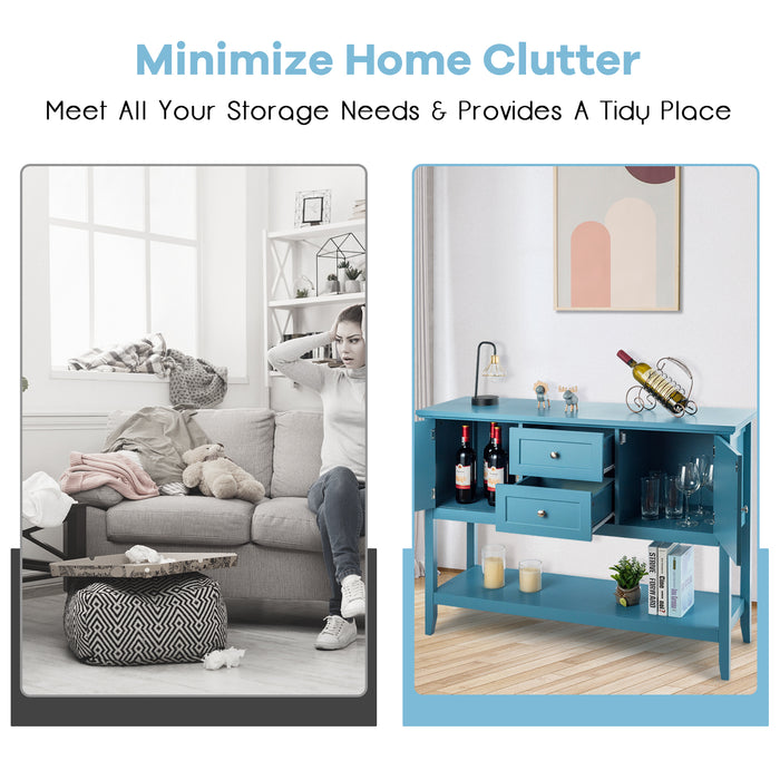 Blue Sideboard Buffet with Drawers - Solid Wood 2 Drawer & 2 Cabinet Storage - Perfect for Dining Room Organization