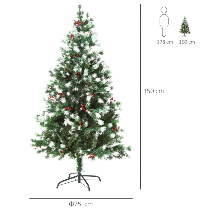 Artificial Snow-Flocked Pine Christmas Tree, 5ft with Red Berries - Festive Green Holiday Decor - Perfect for Home and Office Yuletide Celebrations