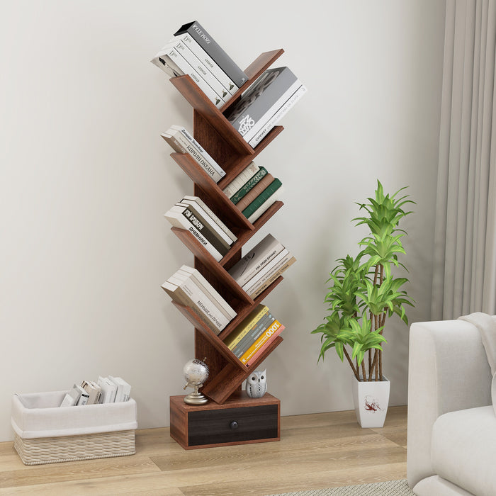 10-Tier Tree Design - Bookshelf with Drawer and Anti-Tipping Kit in Beige - Ideal for Modern Home Storage Solutions