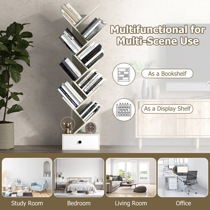 10-Tier Tree Design - Bookshelf with Drawer and Anti-Tipping Kit in Beige - Ideal for Modern Home Storage Solutions