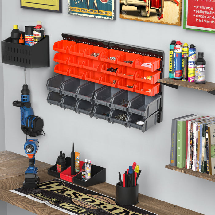 30-Slot PP Wall Organizer for Tools and Hardware - Versatile Red/Grey Storage Solution - Ideal for Workshop Organization and Clutter Reduction