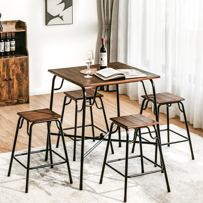 5-Piece Dining Set - Bar Table with Counter Height Backless Stools in Rustic Brown - Perfect for Kitchen or Dining Room Spaces