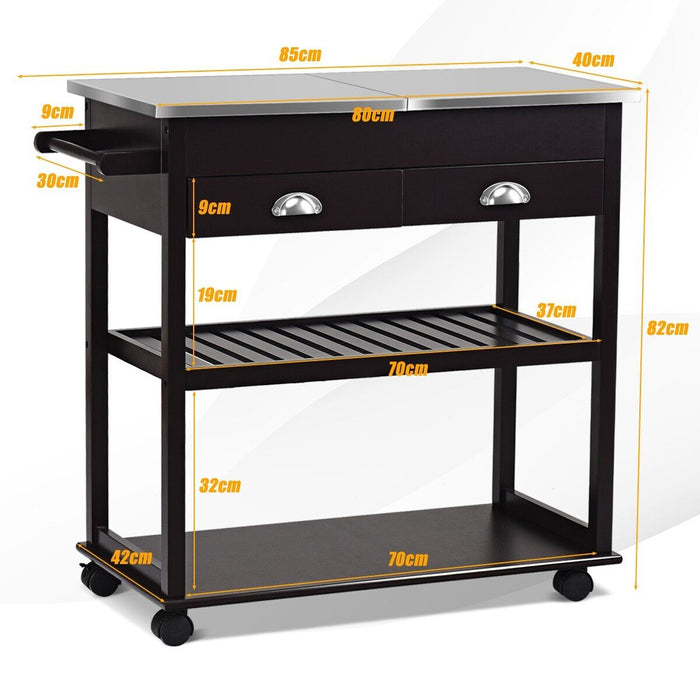 3-Tier Brown Rolling Kitchen Island Cart with Drawers - Ideal Storage Solution for Home Chefs & Food Enthusiasts