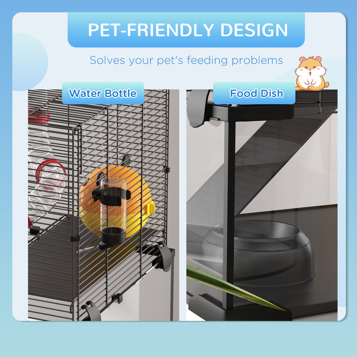 Dwarf Hamster & Gerbil Cage with Deep Glass Base - Includes Tunnels, Cozy Hut, and Exercise Wheel for Small Pet Enrichment - Spacious 60x40x57 cm Habitat for Rodent Comfort