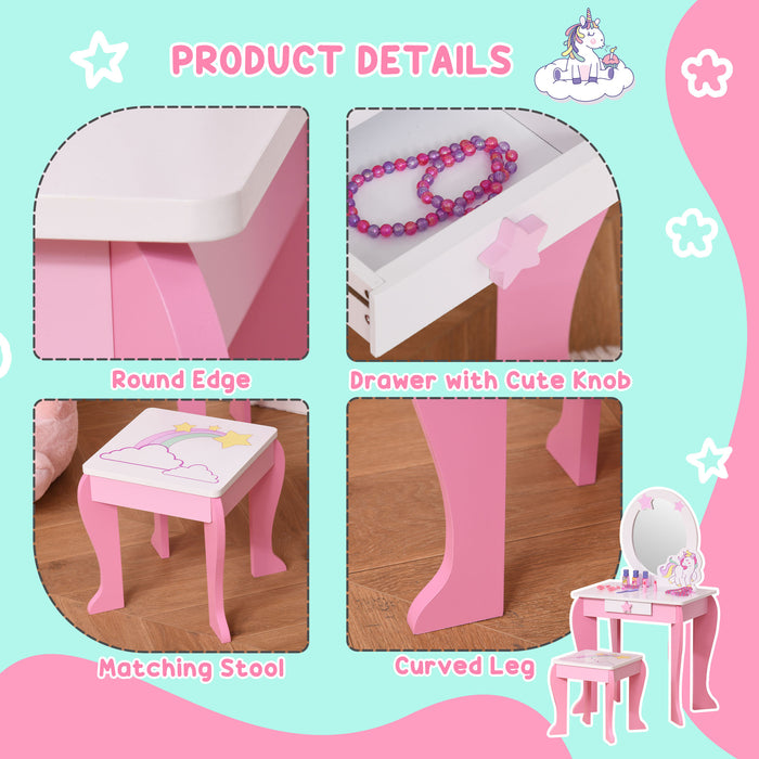 Kids Unicorn Dressing Table with Stool and Acrylic Mirror - Pink and White Dresser for Girls, Pretend Play Furniture - Ideal for Ages 3-6, Encourages Imaginative Play