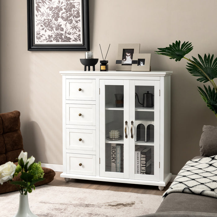 Mellcom Buffet Sideboard - Elegant White Storage with Glass Doors, 4 Drawers & Adjustable Shelf - Ideal Furniture Solution for Home Organisation