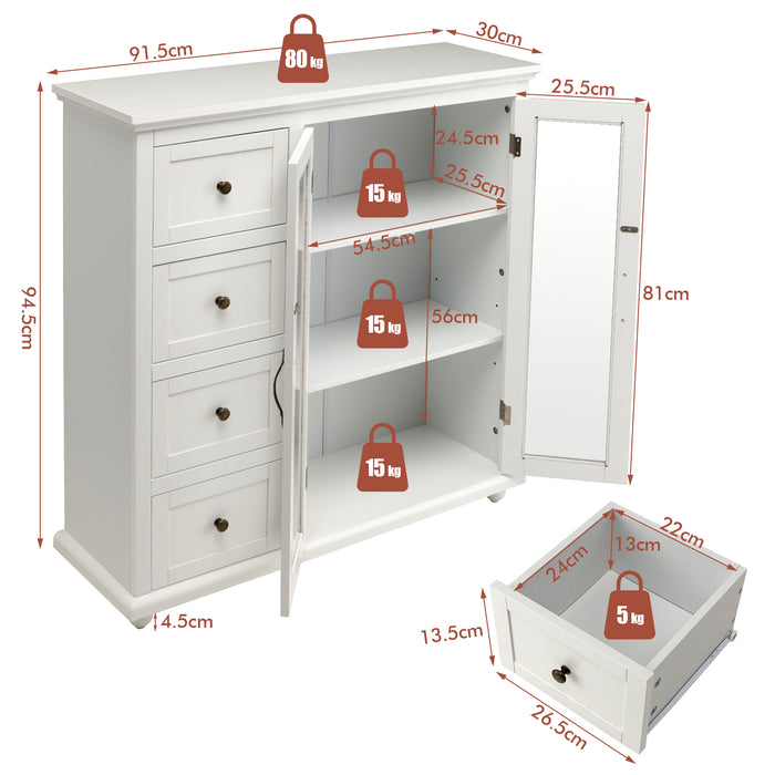 Mellcom Buffet Sideboard - Elegant White Storage with Glass Doors, 4 Drawers & Adjustable Shelf - Ideal Furniture Solution for Home Organisation