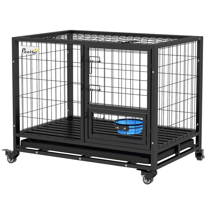 Sturdy Mobile Canine Kennel - Heavy Duty Dog Crate with Bowl Holder, Removable Tray, Detachable Top, Double Door Design - Ideal for Large, Extra-Large Dogs