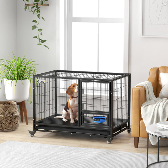 Heavy Duty 43" Dog Crate with Wheels - Includes Bowl Holder, Removable Tray, Detachable Top, Double Doors - Ideal for Large to Extra Large Dogs