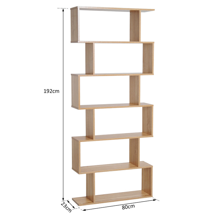 S-Shaped Wooden Bookcase - 6-Tier Storage Display Shelves & Room Divider - Versatile Oak Cabinet for Home and Office Organization