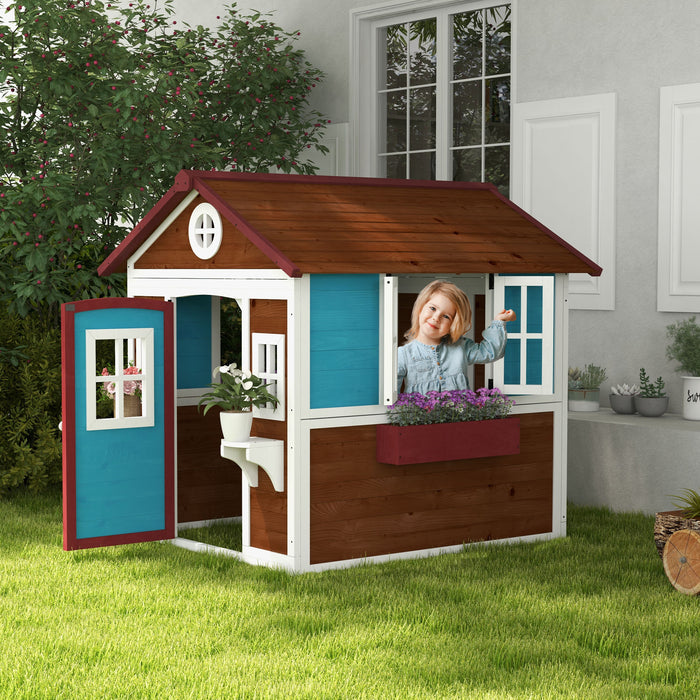 Wooden Playhouse for Kids - Interactive Features with Doors, Windows, & Plant Pots - Ideal for Children Aged 3-8 Years, Dark Brown