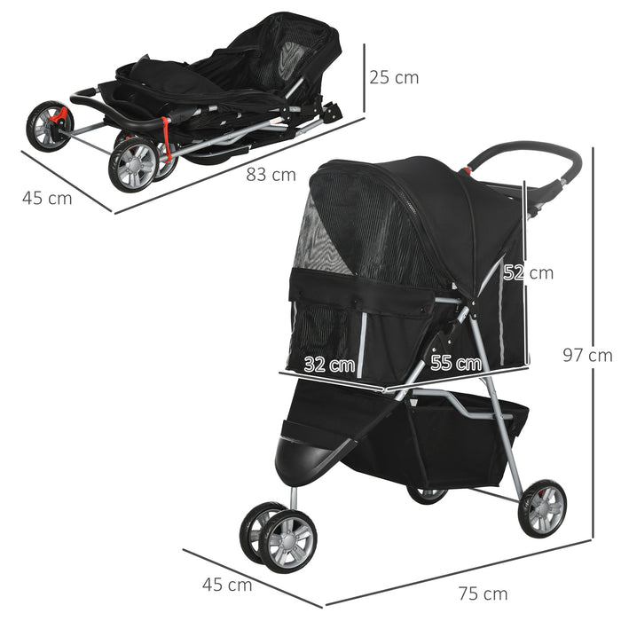 Pet Stroller for Small Dogs and Cats - 3-Wheel Dog Pushchair Trolley with Jogger Carrier Features, Black - Ideal for Travel and Outdoor Activities with Puppies or Miniature Breeds
