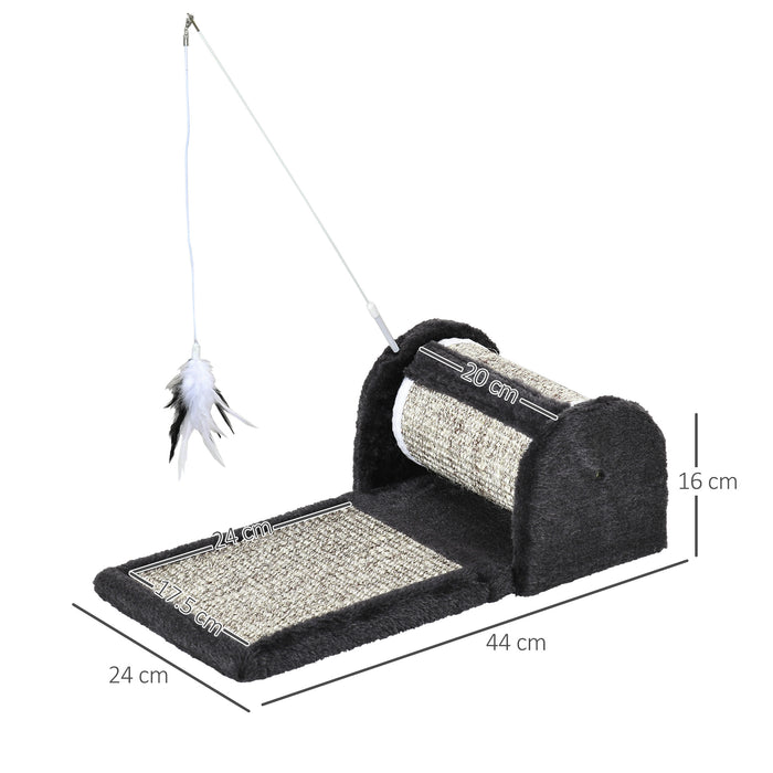 Sisal Cat Scratching Pad with Roller Feather Teaser - Durable Mat Board Kitten Play Toy, 44x24x16 cm in Grey - Entertains Cats, Protects Furniture