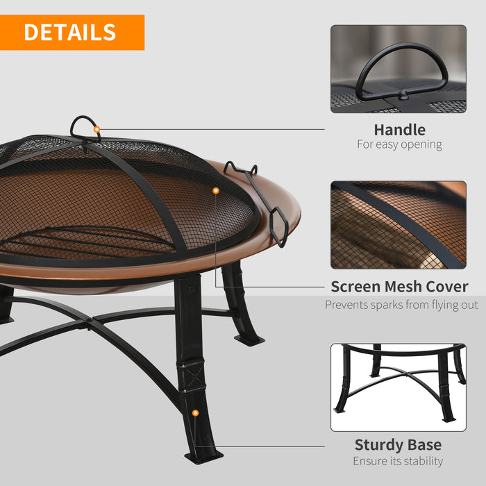 Extra-Large Bronze Metal Firepit Bowl with Lid - Outdoor Round Fire Pit, Includes Log Grate and Poker - Ideal for Backyard Camping and Picnics