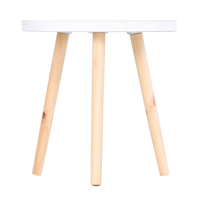 Carved Floral Round Coffee Table Set - Tray-top Design with Wooden Legs, Modern Side Tables - Ideal for Living Room Décor, Pair in White