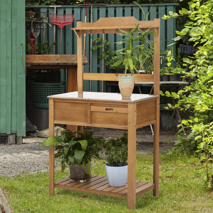 Outdoor Gardening Workstation - Wooden Potting Bench with Galvanized Metal Sink, Ample Storage Shelves - Ideal for Gardeners, 80 x 42 x 142 cm Dimensions