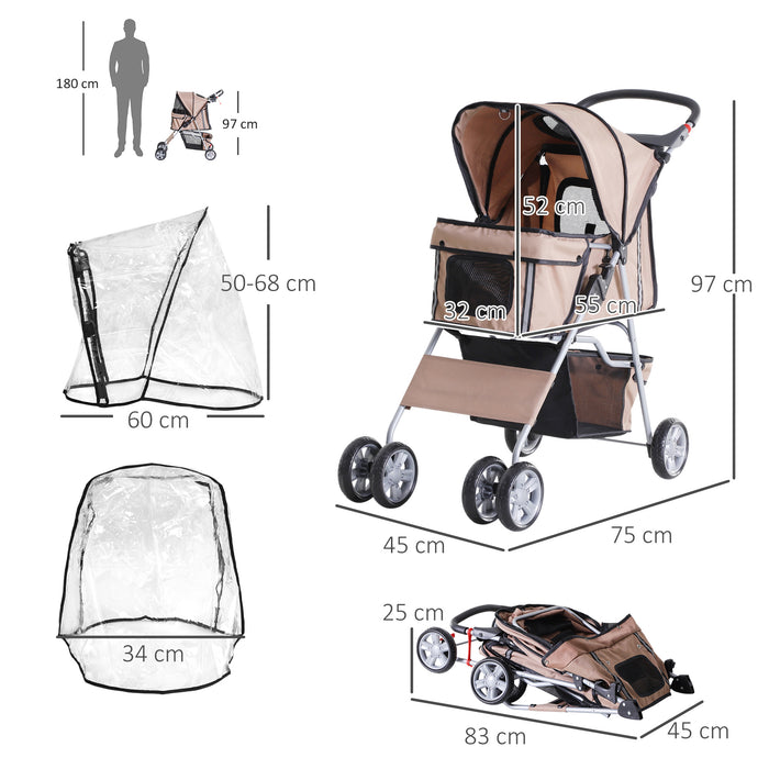 Compact Folding Dog Stroller with Rain Cover - Ideal for Small to Miniature Dogs, Includes Cup Holder and Storage Basket - Safe Walks with Reflective Strips in Brown