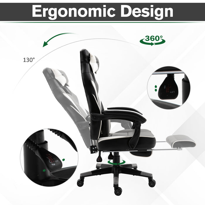 Ergonomic Gaming Chair with Footrest and Lumbar Support - Thick Padding, Headrest, 5 Smooth-Rolling Wheels, Reclining Backrest - Adjustable Height for Comfortable Gaming & Home Office Use, Grey