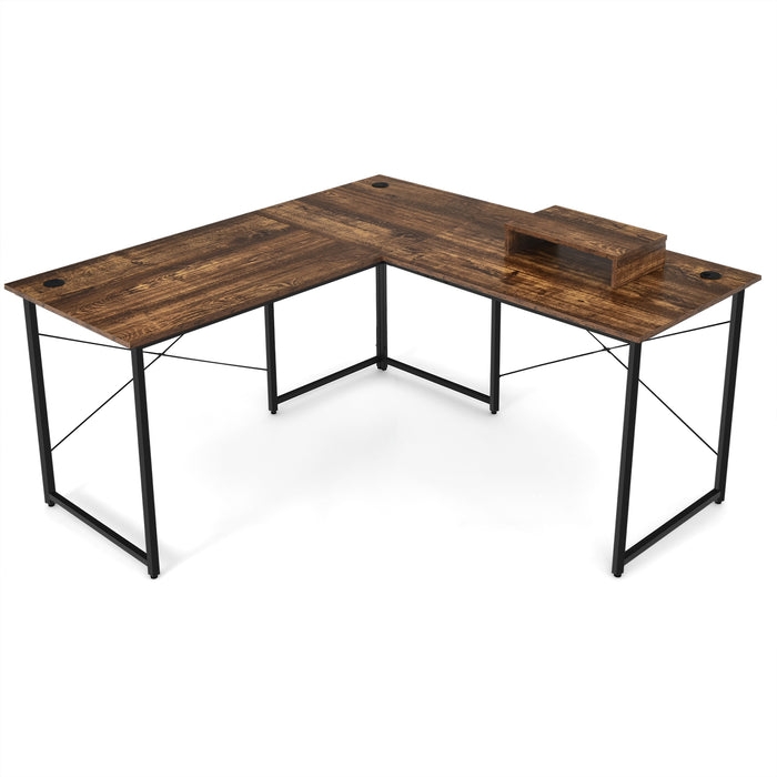 Corner Office Desk - Reversible Study and Writing Workstation with Monitor Stand in Grey - Ideal for Students and Home Office Setup