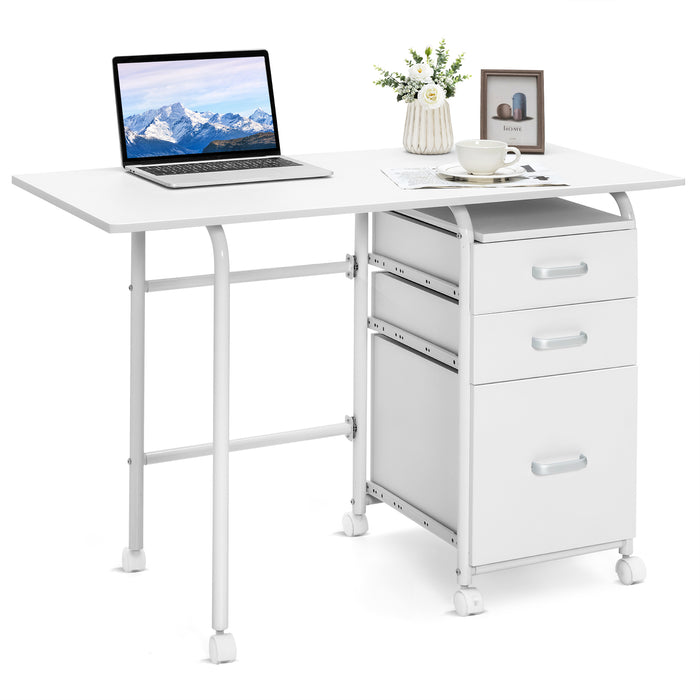 Folding Computer Desk with Rolling Wheels  - Multipurpose Workstation with 3 Drawers - Ideal for Home Office Use