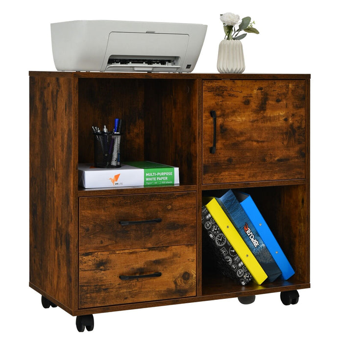 Mobile File Cabinet for Home Office - 2-Drawer Structure with 2 Open Shelves and Door, Rustic Brown - Ideal for Organizing Documents and Office Supplies