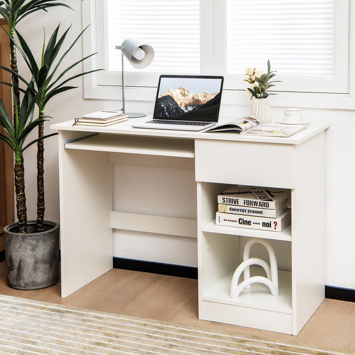 Contemporary Wood Workstation - White Office Computer Desk with Integrated Keyboard Tray - Ideal for Home Office Set-up