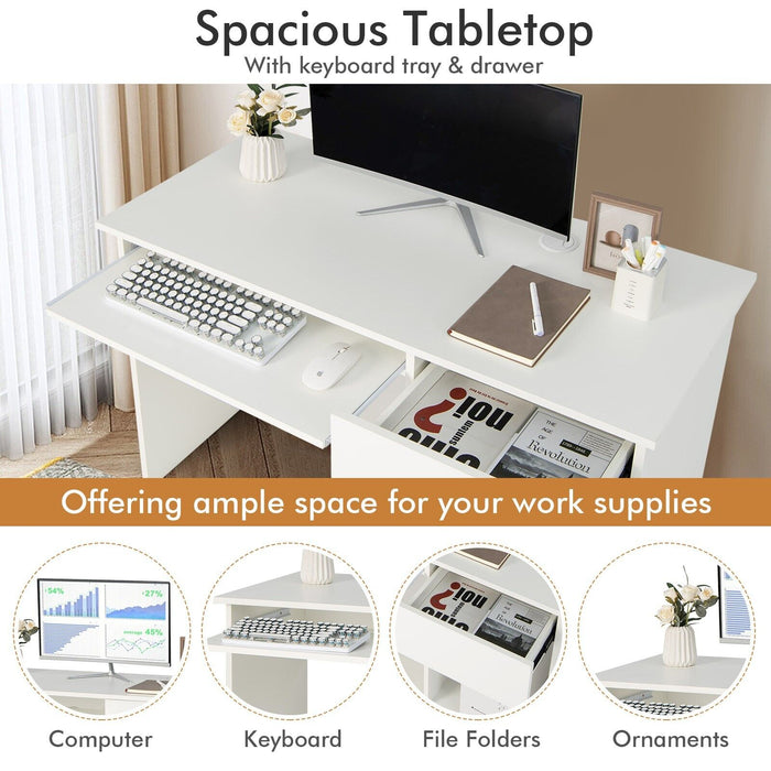 Contemporary Wood Workstation - White Office Computer Desk with Integrated Keyboard Tray - Ideal for Home Office Set-up