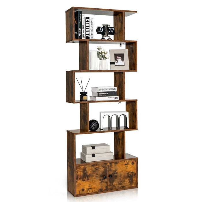 Industrial S-Shaped - 5-tier Bookcase with Cabinet in Black - Ideal Storage Solution for Office or Home Use