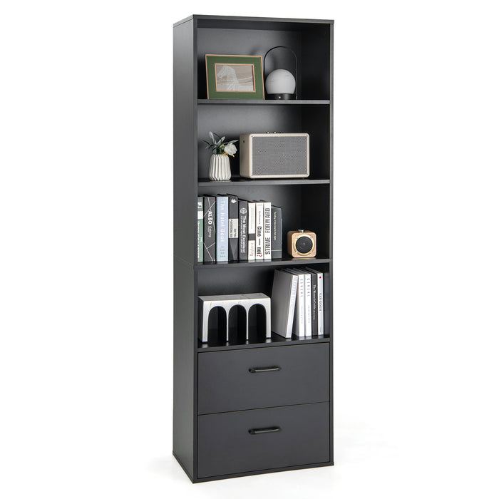 Modern 6-Tier Wooden Bookshelf - 4 Open Shelves and 2 Drawers, Black Design - Ideal for Storing Books and De-cluttering Living Spaces