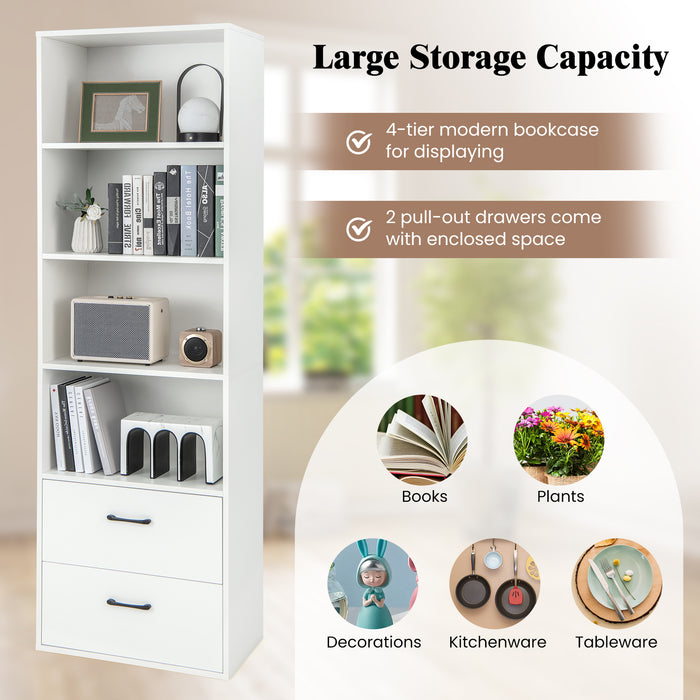 Modern 6-Tier Wooden Bookshelf - 4 Open Shelves and 2 Drawers, Black Design - Ideal for Storing Books and De-cluttering Living Spaces