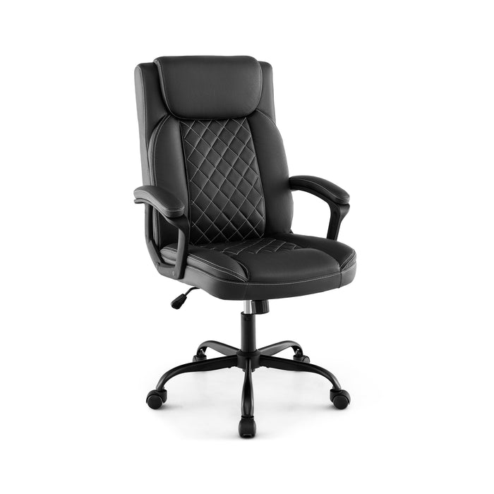 Swivel Office Chair - Padded Armrests, Rolling Metal Base in Sleek Black - Comfortable Seating Solution for Professionals