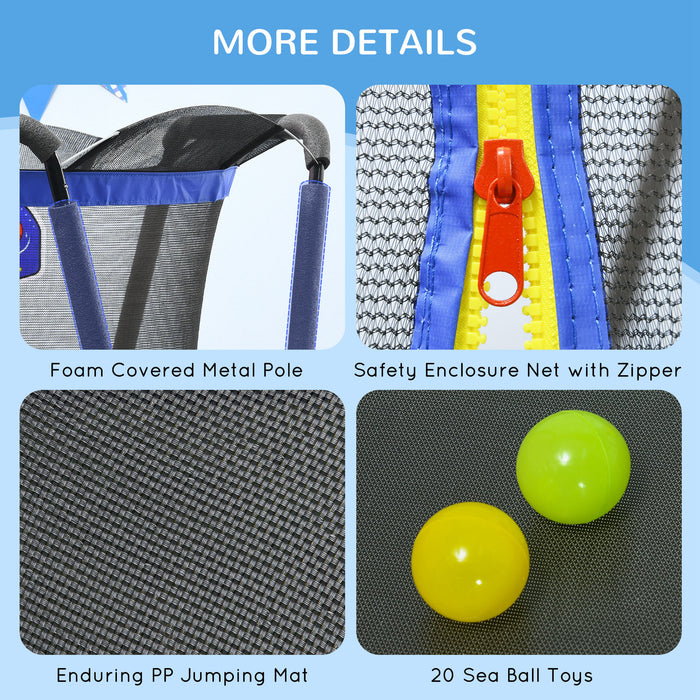 Kids' 4.6 FT Trampoline with Safety Enclosure - Includes Basketball Hoop & Ocean Balls - Perfect Outdoor Play Equipment for Children