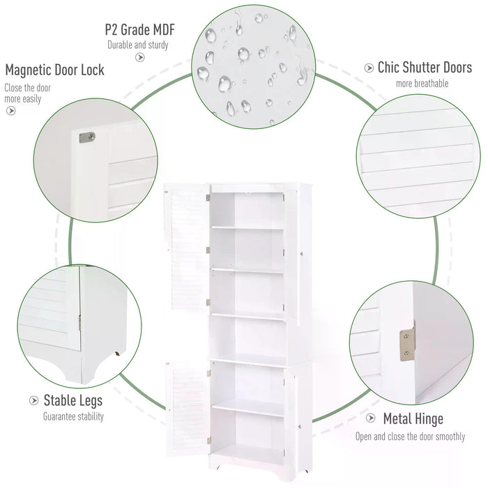 6-Tier Freestanding Bathroom Cabinet in White - MDF Multi-Level Storage Organizer - Space-Saving for Toiletries and Linens